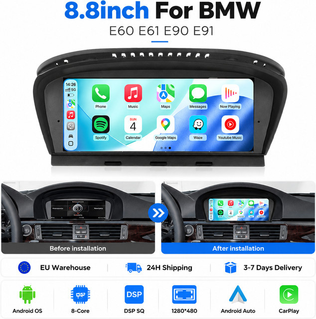 MEKEDE Android 15 Autoradio mit kabellosem CarPlay und Android Auto für BMW 3er und 5er Serie E60 E61 E63 E64 E90 E91 E92, Farbe: Schwarz, mit Bluetooth, WLAN, GPS und 4G LTE Navigation - Bild 1