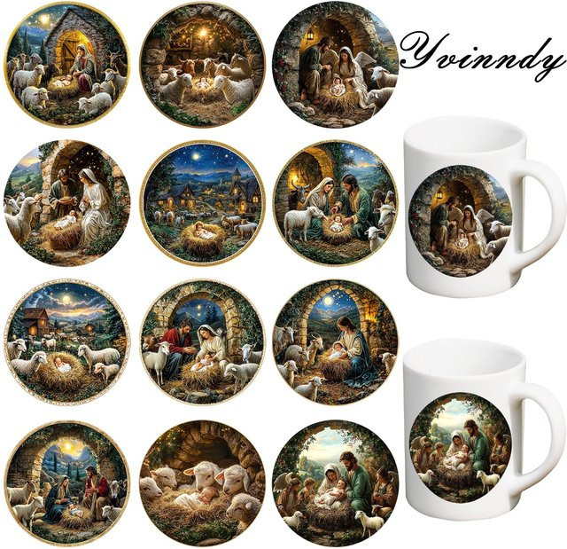 12er Set UV DTF Transferfolien Weihnachten Jesus Geboren Dekorative Tumbler-Umhüllung in Beige und Multicolour für DIY-Projekte - Bild 1