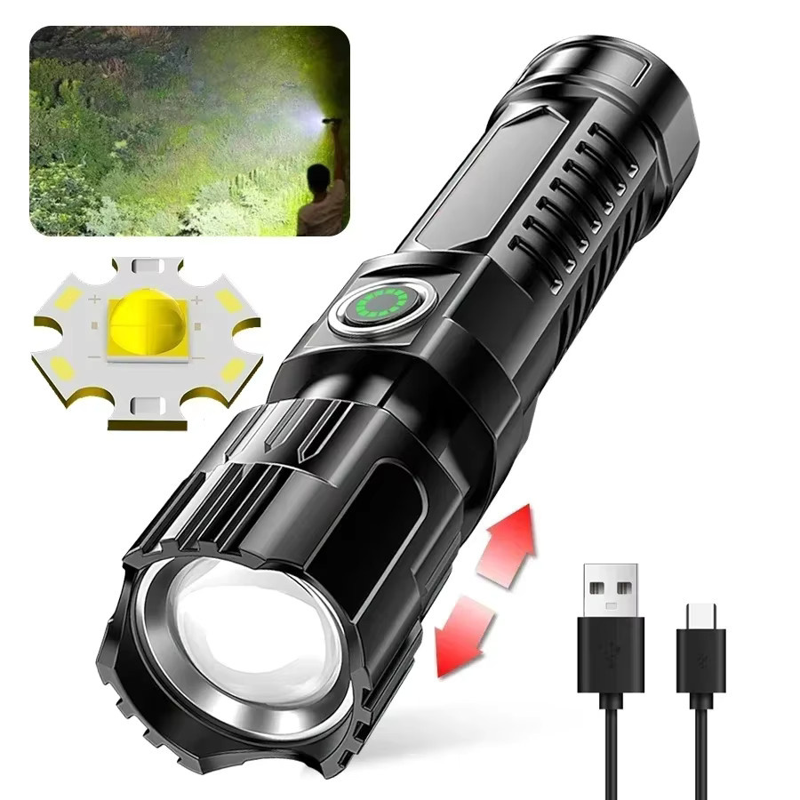 KDULIT LED Taschenlampe aus Aluminium in Schwarz, wiederaufladbare USB-Taschenlampe mit COB-Licht und Zoomfunktion für Camping und Notfälle - Bild 7
