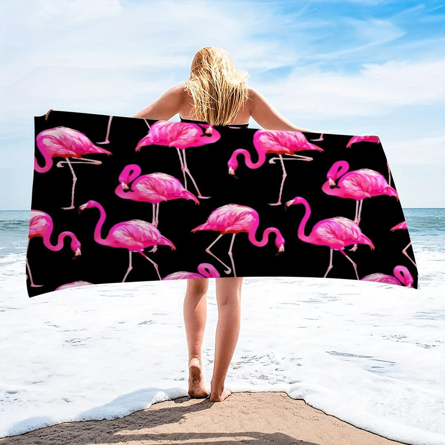 Dalangpa Strandtuch aus Mikrofaser mit handbemaltem Flamingo-Motiv auf schwarzem Hintergrund, schnelltrocknend, B: 30 cm, H: 60 cm - Bild 2