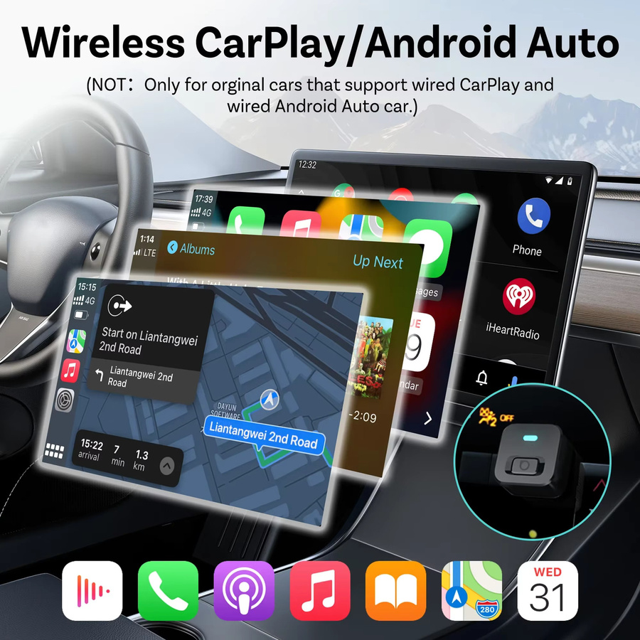 OTTOCAST Mini Dot Cube Wireless CarPlay und Android Auto Adapter 2 in 1 USB AI Autozubehör in Schwarz - Bild 3