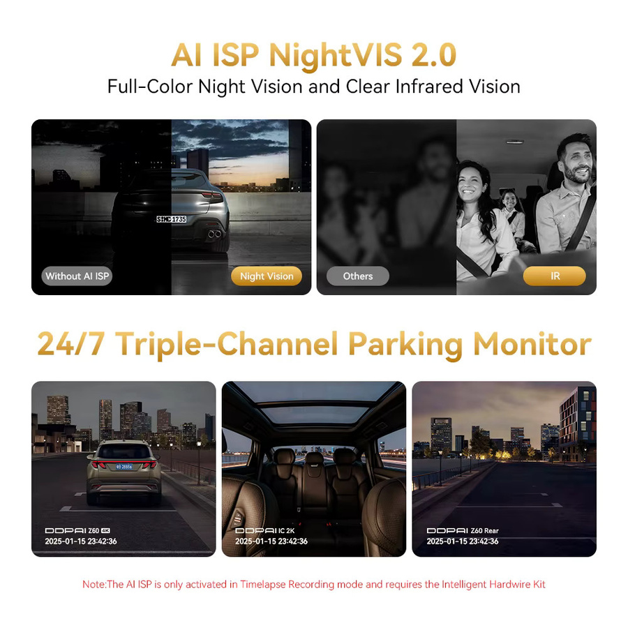 DDPAI Z60T Dashcam 3-Kanal mit 4K UHD, HDR und Nachtsicht, Schwarz, inklusive 24H Parküberwachung und ADAS, DVR Autokamera - Bild 4