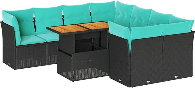 vidaXL 9-teilige Garten-Sofagarnitur in L-Form aus Poly-Rattan und pulverbeschichtetem Stahl in Schwarz mit blauen Kissen und Stauraum - Bild 1