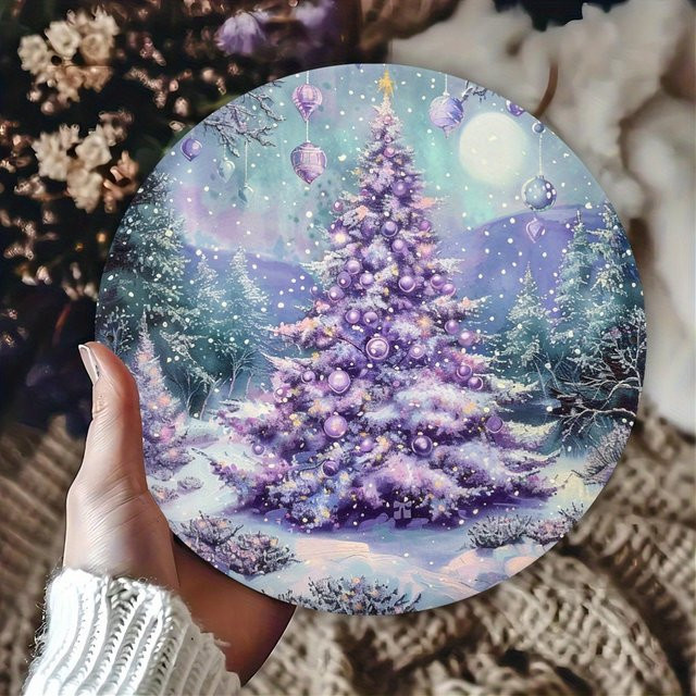 Potdemiel Rundes Aluminiumschild Weihnachtsbaum Lila Schneeszene Metallwandkunst Durchmesser: 20,3 cm - Bild 1