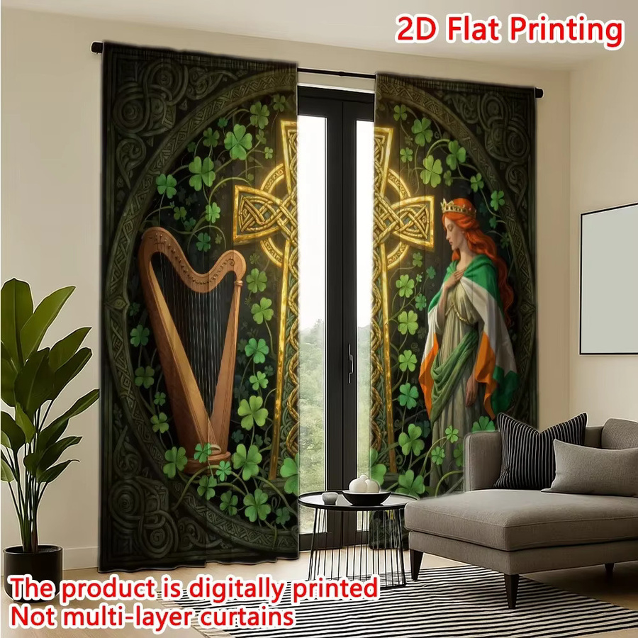 VOZMIO 2er Set St. Patrick's Day Vorhang mit keltischem Kreuz, Harfe und Mädchen in Multicolour - Bild 3