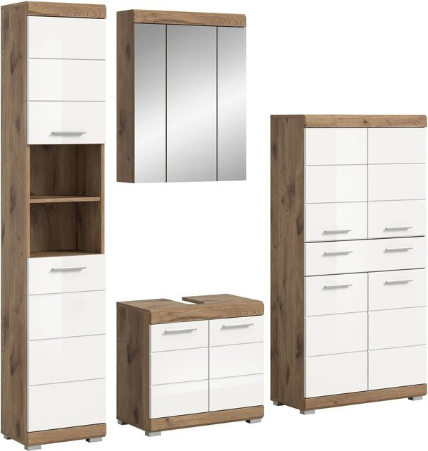 Badkombination Wave von xonox.home in Weiß Hochglanz und Nox Oak, 4-teiliges Badezimmer-Set mit Spiegelschrank, Waschtischunterschrank, Hochschrank und Seitenschrank, B/H/T: 204 x 191 x 34 cm - Bild 1