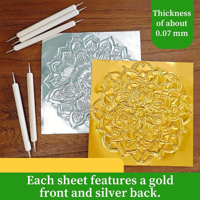 20 Stück geprägte Aluminiumfolienblätter in Gold und Silber zum Malen und Gravieren, B/B: 15 x 15 cm - Bild 1