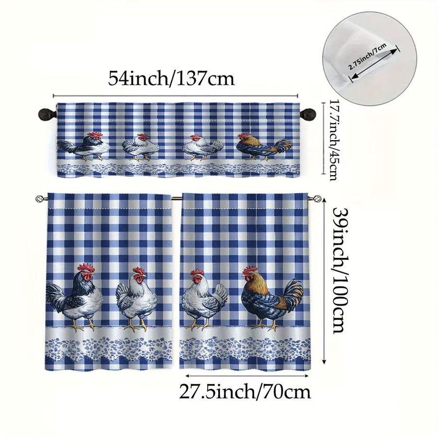 VIKAMA Rustikale Küchengardinen mit Hahn-Motiv in Blauem Karomuster, halbtransparente Stoffvorhänge für Wohnzimmer und Schlafzimmer - Bild 3