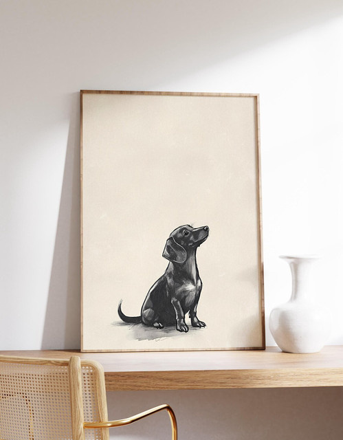 Serene Dackel-Stiftskizze Wandkunst von SHENCHEN als minimalistischer Paper Poster in Beige - Bild 1