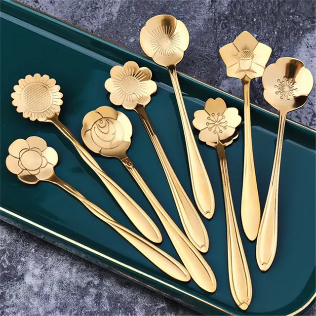 EH-LIFE Dessertlöffel Set aus Edelstahl mit Kirsch- und Rosenmotiv in Gold, 8 Stück - Bild 1