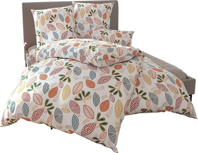 Wäschepur Bettwäsche aus 100% Baumwolle mit floralem Blätter-Print in Ecru-Papaya-Multicolour, B/H: 135 x 200 cm - Bild 1