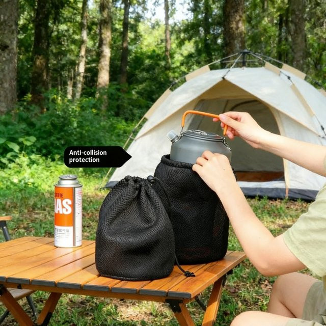 ZHUANGYUN Tragbare Mesh-Aufbewahrungstasche für Camping-Kochgeschirr und Picknick-Zubehör, Schwarz - Bild 1