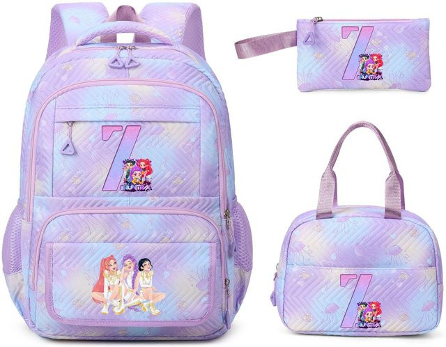 3-teiliges Schulrucksack-Set aus Oxford-Stoff in Lila mit Schultasche, Schultergurt und Federmäppchen - Bild 1
