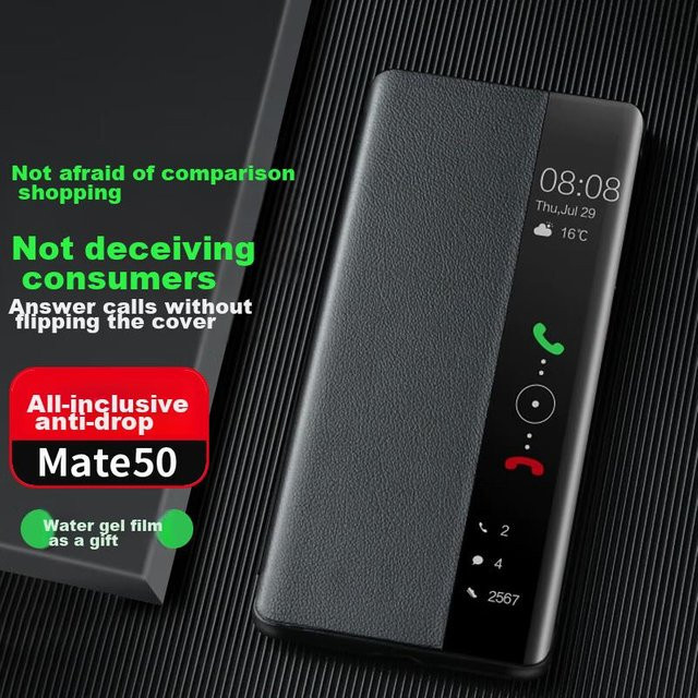 ZhengJian Leder Klapphülle für Huawei Mate50 mit Smart View Fenster Design in Schwarz - Bild 1
