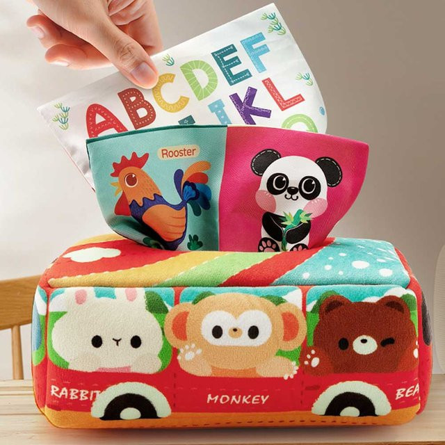 Fashnics Baby Montessori Stoff Taschentuchbox, Lernaktivitäts-Sensorikspielzeug, ab 0 Jahre, Rot, Bunt / Mehrfarbig - Bild 1