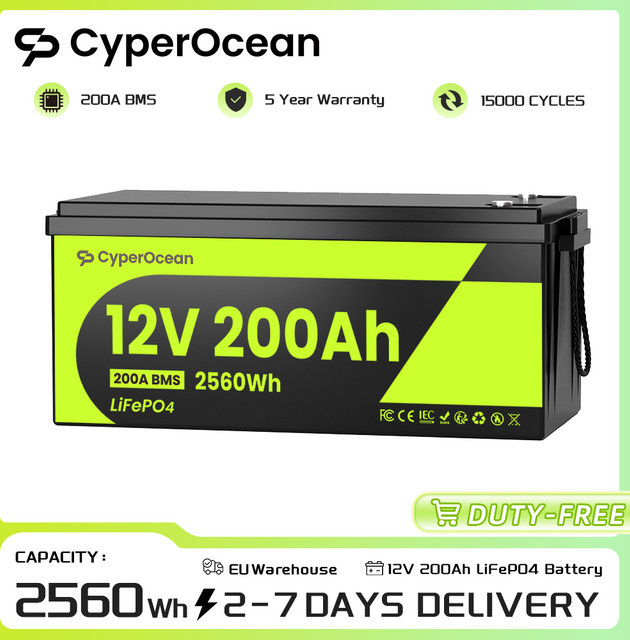 CyperOcean LiFePO4-Batterie 12V 200Ah mit integriertem 200A-BMS, wiederaufladbare Lithiumbatterie 2560Wh in Schwarz mit Niedertemperaturschutz für Wohnmobile, Boote und Camping - Bild 1