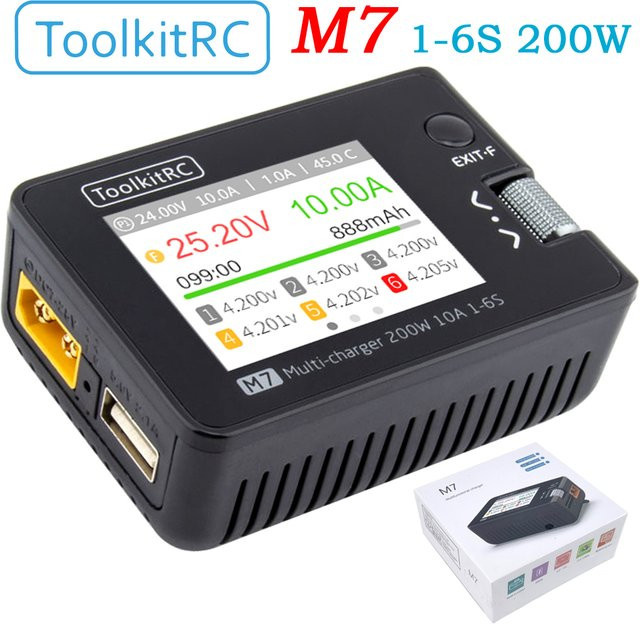 ToolkitRC M7 DC Balance Ladegerät und Entlader mit 200W 10A für 1-6S Lipo Batterien, Servo Checker und ESC Tester in Schwarz - Bild 1