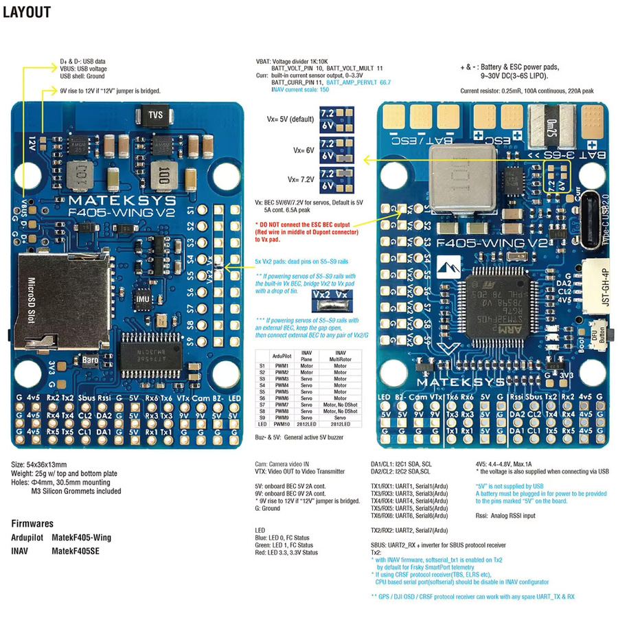 Matek MATEKSYS F405 WING V2 Flugcontroller STM32F405RGT6 mit integriertem ICM42688P OSD und SD-Steckplatz für ArduPilot und INAV RC-Modellflugzeuge in Blau - Bild 2