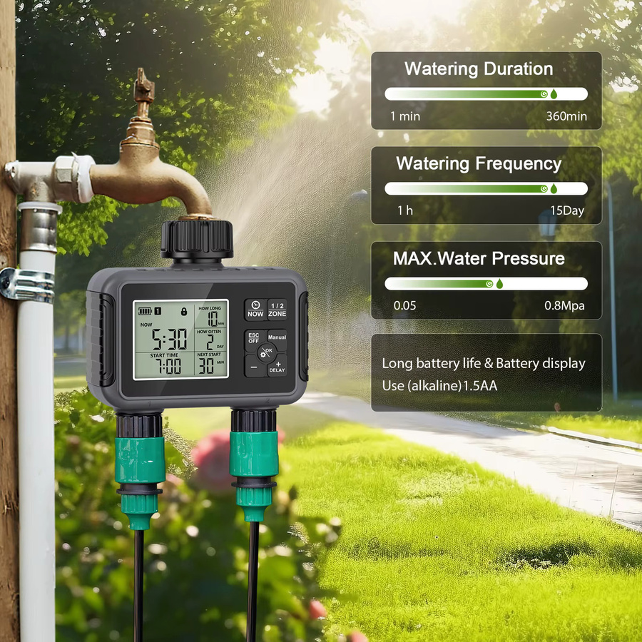 TNCE 1/2-Wege-Wassertimer für Gartenschläuche, programmierbarer Sprinkler-Timer mit Einzel- oder Doppelausgang in Schwarz - Bild 3