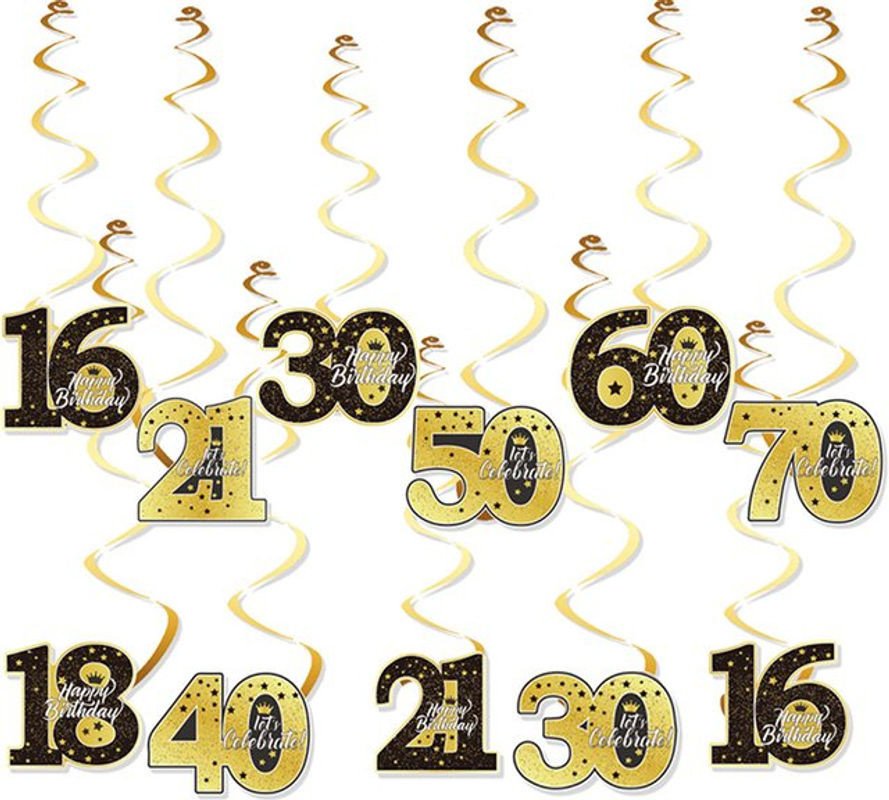 6er Set Goldene Geburtstag Party Spiralgirlanden mit Anhängern für Erwachsene zur Dekoration - Bild 1