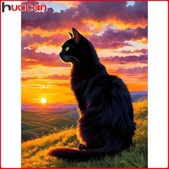 Huacan Volldiamantgemälde Katze im Sonnenuntergang als Diamant Mosaik Tierlandschaft in Multicolour, B: 30,0 cm, H: 20,0 cm - Bild 1