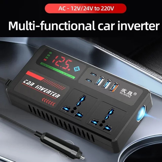 Kebidumei Tragbarer Auto-Wechselrichter 12V auf 110V und 24V auf 220V Steckdosenadapter mit 4 USB-Anschlüssen für Auto LKW SUV und Wohnmobil in Schwarz - Bild 1
