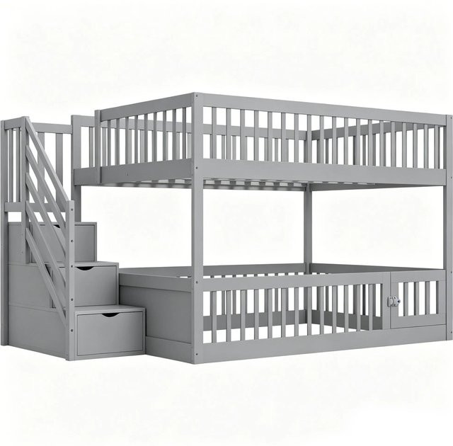 Merax Etagenbett für Kinder in Grau und Weiß mit Treppe und Schubladen aus Holz und MDF, B/T/H: 200 x 140 x 145 cm - Bild 1