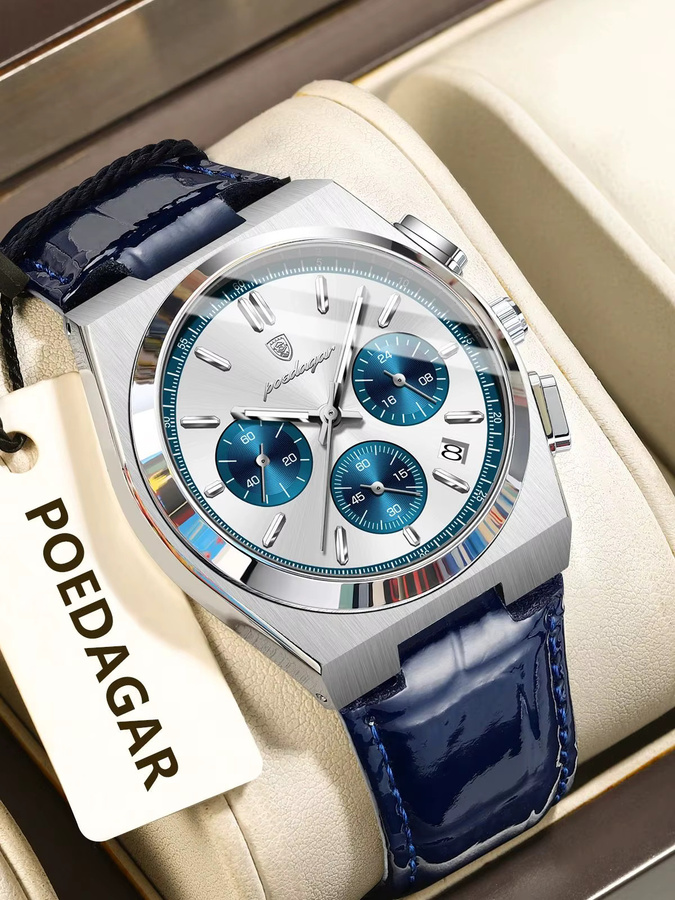 POEDAGAR Chronograph, Quarz, Leder, Silber, Herren - Bild 7