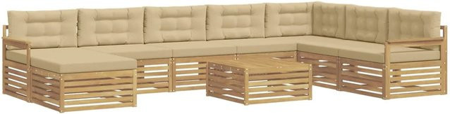 vidaXL Outdoor-Sofagarnitur 9-teilig aus Akazie Massivholz in Weiß und Beige mit UV-beständigen Polstern in U-Form - Bild 1