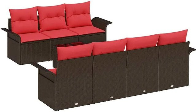 vidaXL Gartensofa-Set aus Poly-Rattan mit 8 Kissen in Beige und Rot mit pulverbeschichtetem Stahlgestell - Bild 1