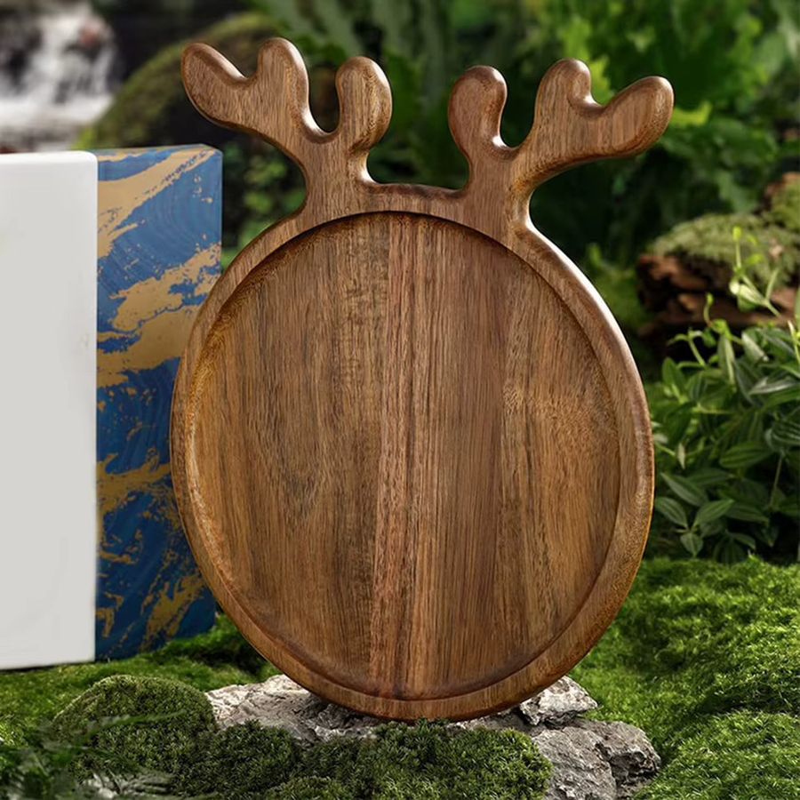 Dekorativer Vorspeisenteller aus Holz mit Geweihgriff von Shunmaii in Braun, unregelmäßige Form - Bild 5