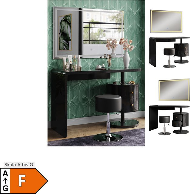 Vicco Schminktisch Lara in Schwarz Hochglanz mit LED-Spiegel und Hocker, Breite: 120 cm - Bild 1