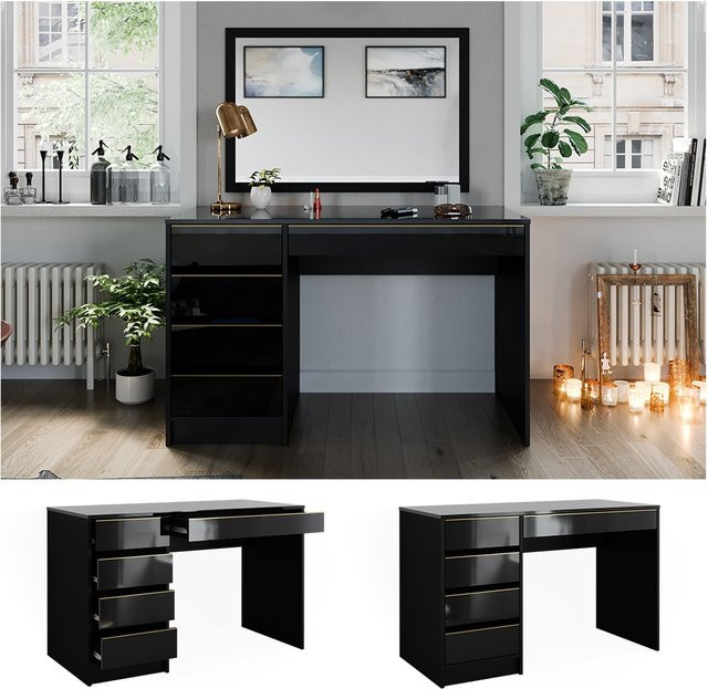 Vicco Schminktisch Sherry modern in Schwarz Hochglanz mit Gold, B/T/H: 120 x 75 x 75 cm - Bild 1