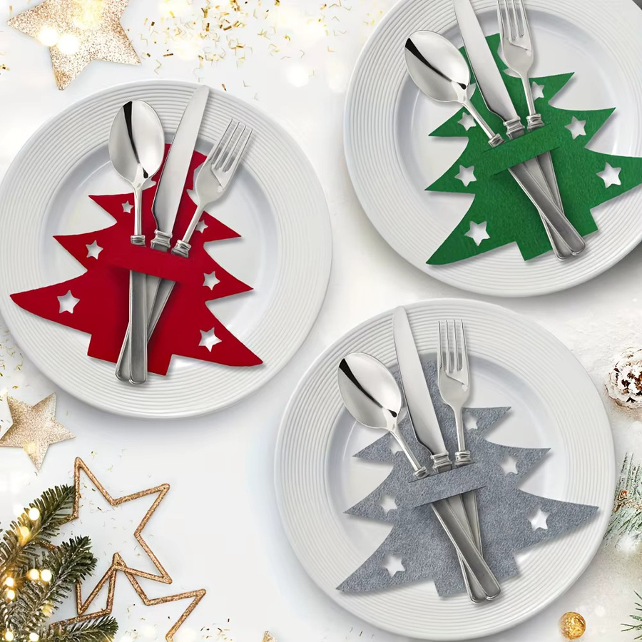 DUTRIEUX Weihnachtsbaum-Tischsets aus Filz, 10 Stück Gabel- und Löffelbeutel-Set in Grün - Bild 3