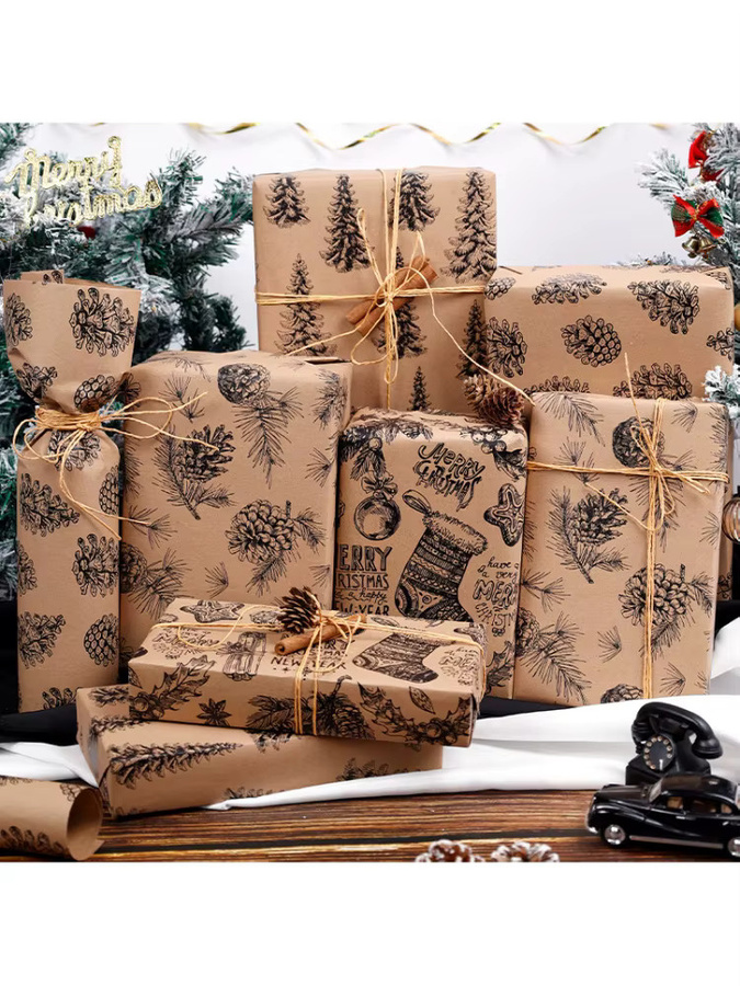 3M Weihnachtsgeschenkpapier aus Kraftpapier mit schwarzem Tannenzapfen und Glocken-Motiv, 3 Meter Rolle - Bild 6
