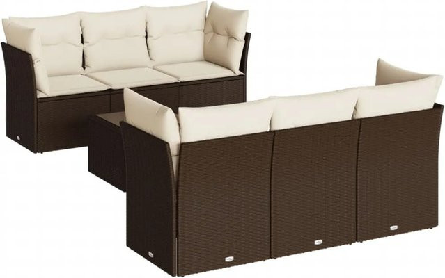 vidaXL 7-teilige Garten-Sofagarnitur in L-Form aus Polyrattan mit Kissen in Braun - Bild 1