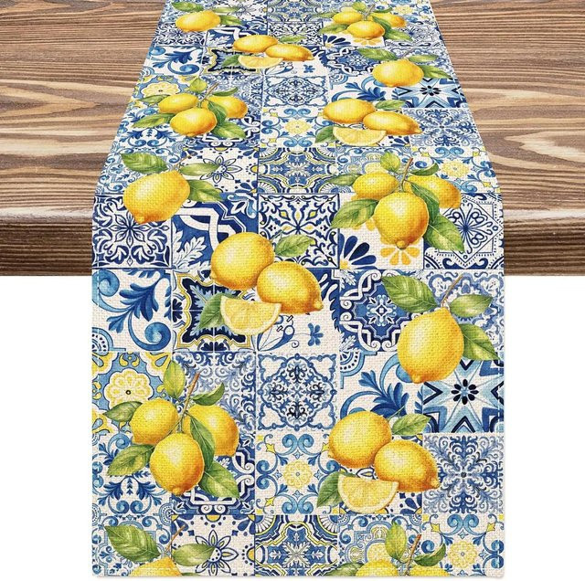 JINGYUE Pet Leinen Tischläufer mit Sommer Zitronen und blauen Fliesen, Waschbar, B/H: 33 x 150 cm - Bild 1
