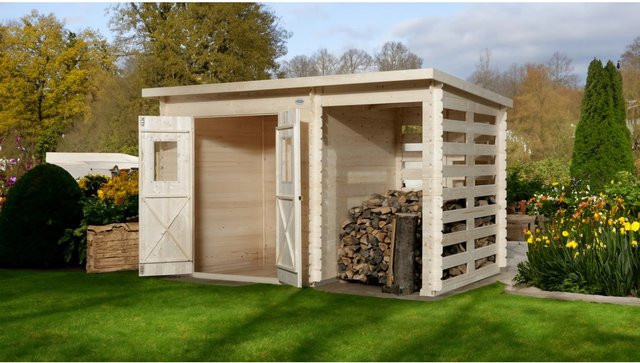 OBI Holz-Gartenhaus Cortina mit Anbau, braun, Blockbohlenbauweise, Flachdach, B: 330 cm, T: 200 cm, H: 176 cm - Bild 1