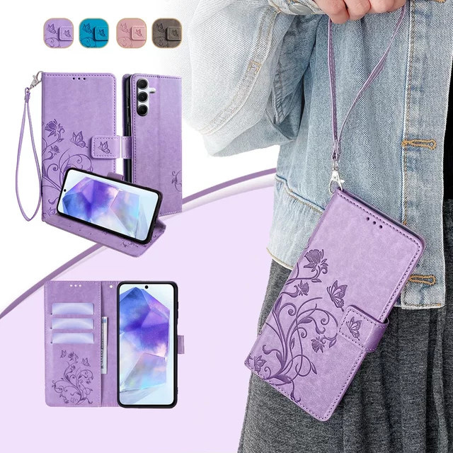 Samsung Flip-Cover Handyhülle mit Schmetterlings-Prägung und Magnetschnalle für Galaxy A55 A35 A15 A25 A54 A34 A24 A14 A53 A33 in Gold und Purple - Bild 1