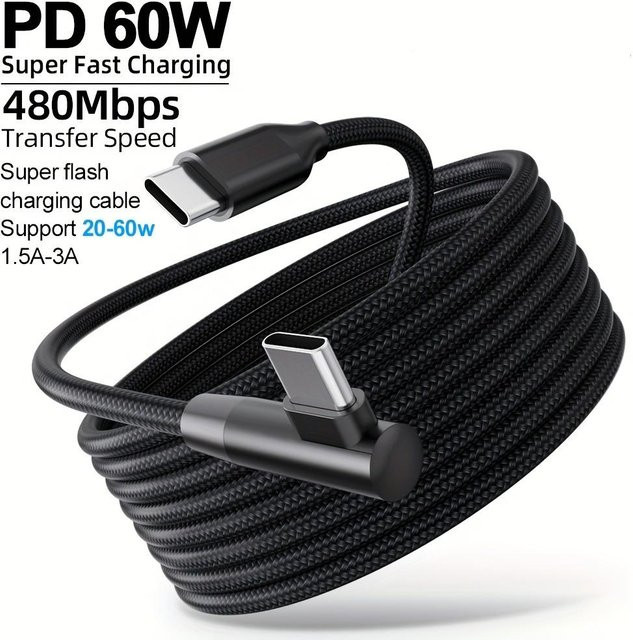 LAIHONEN USB-C Schnelllade-Datenkabel 60W mit 90 Grad Winkel, schwarzes Nylon-Geflechtkabel für Samsung, iPhone 15 und iPad - Bild 1