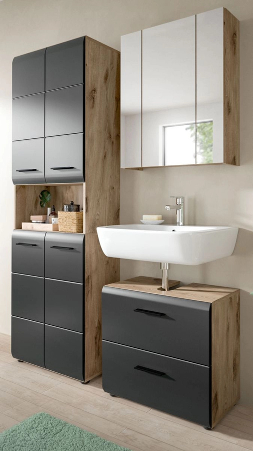 Badmöbel Set Cover von Inn.Furn in Schwarz und Eiche, 3-teilig, modern, Breite: 135 cm, Höhe: 185 cm, Tiefe: 30 cm - Bild 1
