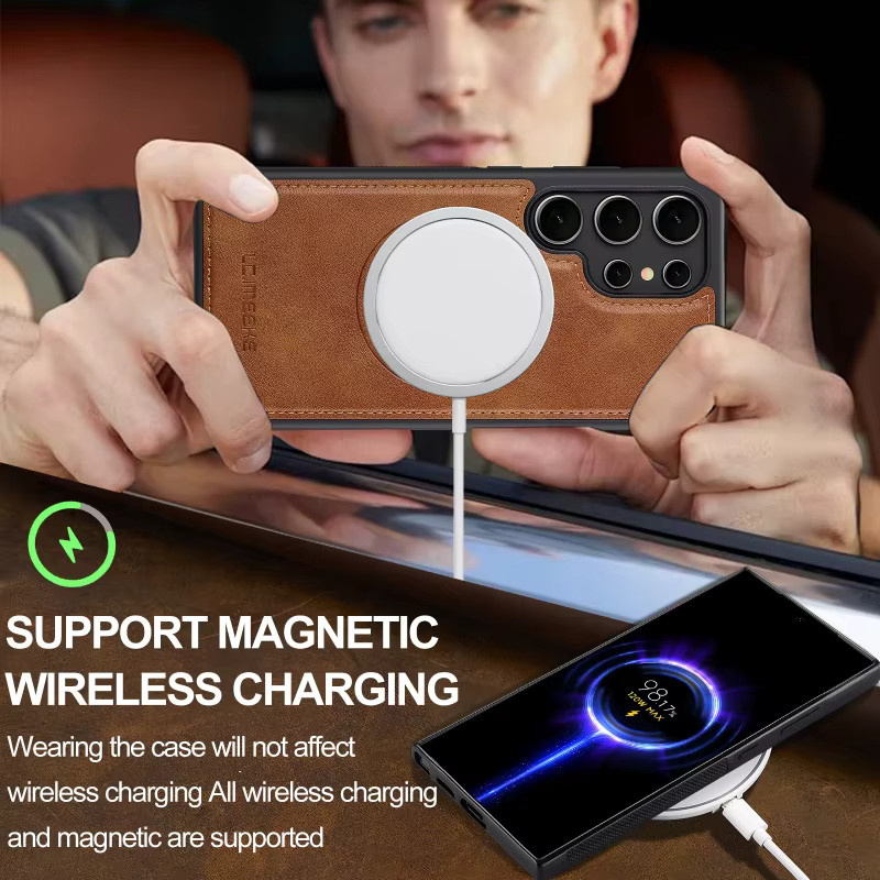 EUCAGR Luxus Magnetische Drahtlose Lade Handyhülle aus PU Leder für Samsung Galaxy S26 Ultra S25 S24 S23 S22 S21 S20 FE in Grün - Bild 5