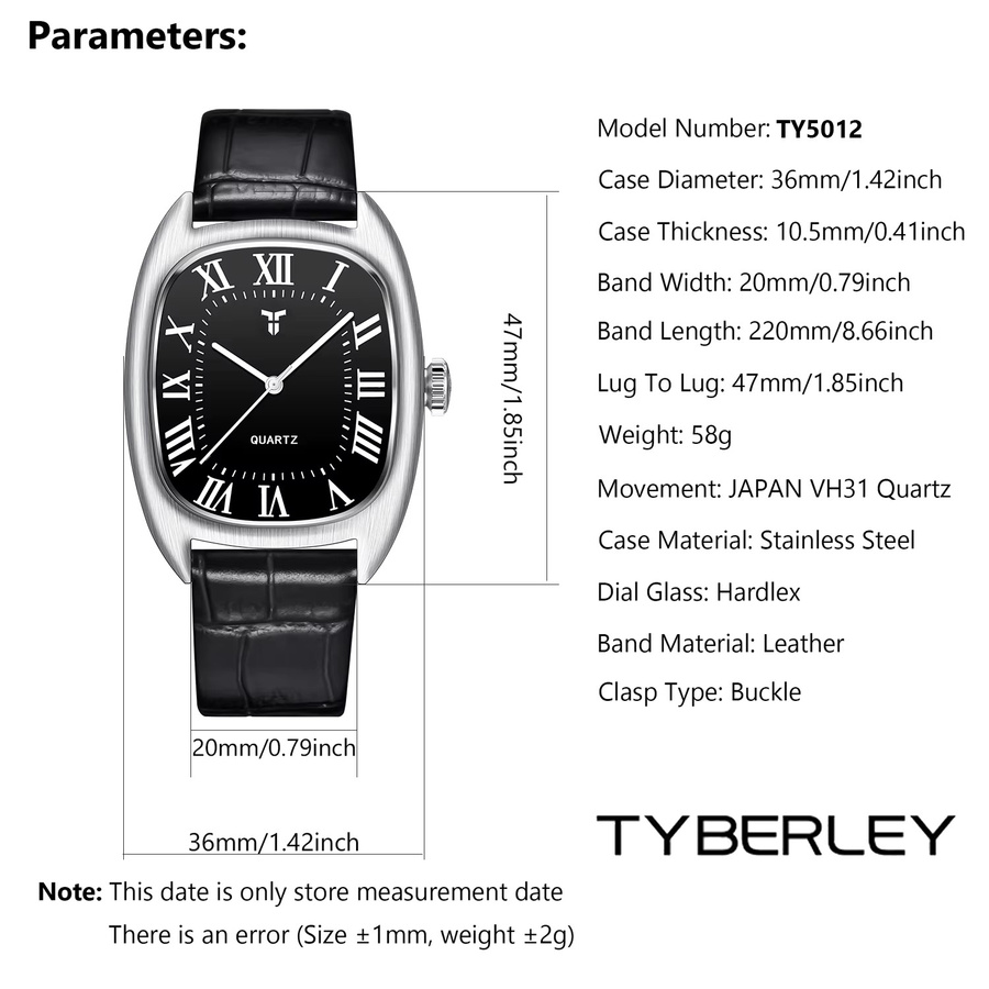 TYBERLEY Armbanduhr, Quarz, Edelstahl, Lederarmband, 36 mm, Herren - Bild 6