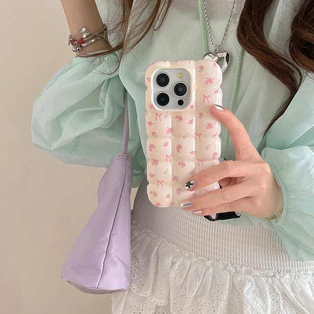 Stoßfeste iPhone Schutzhülle mit rosa Blumen-Schleife und stereoskopischem Gitter für iPhone 16, 15, 14, 13, 12, 11 Pro Max in Pink - Bild 1