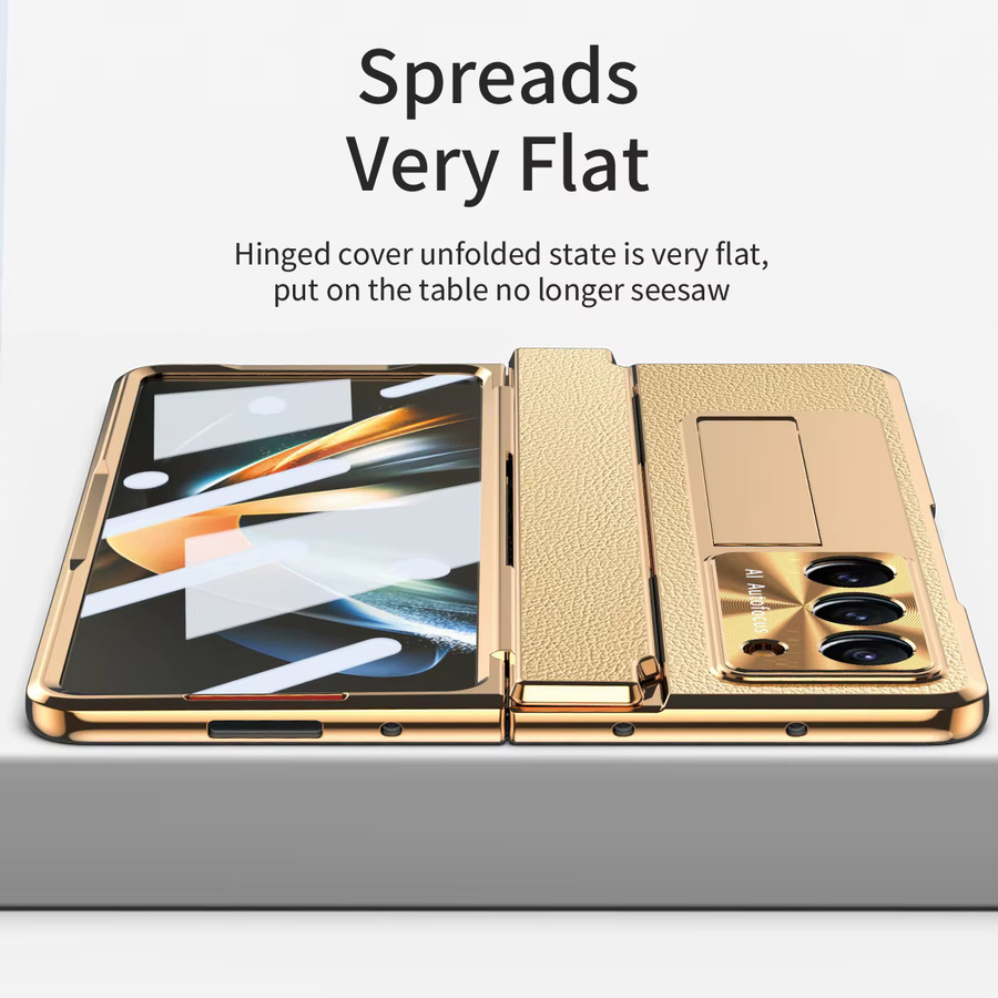 Samsung Galaxy Z Fold 7 6 5 4 3 Schutzhülle aus PU-Leder mit Glasfolie, Stiftschlitz und Stiftständer in Gold - Bild 3