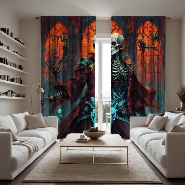 2-teiliges Set dekorative Vorhänge mit HD Retro Dungeon Skull Motiv in Blau und Weiß, B: 132 cm, H: 160 cm - Bild 1