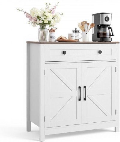 VEVOR Coffee Bar Cabinet im Farmhouse-Stil mit Schublade und 2 Scheunentüren, Buffet-Schrank für Küche, Wohnzimmer oder Flur, Weiß, B/T/H: 75 x 37,5 x 80 cm - Bild 1