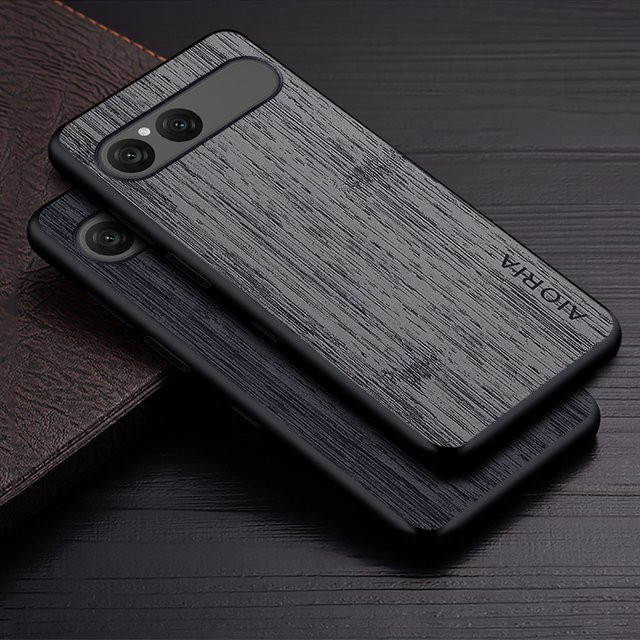 Luxus Handyhülle aus Leder im Bambus-Holzmuster für Sony Xperia 10 VII, 10V, 10 IV und III in Braun oder Grau - Bild 1