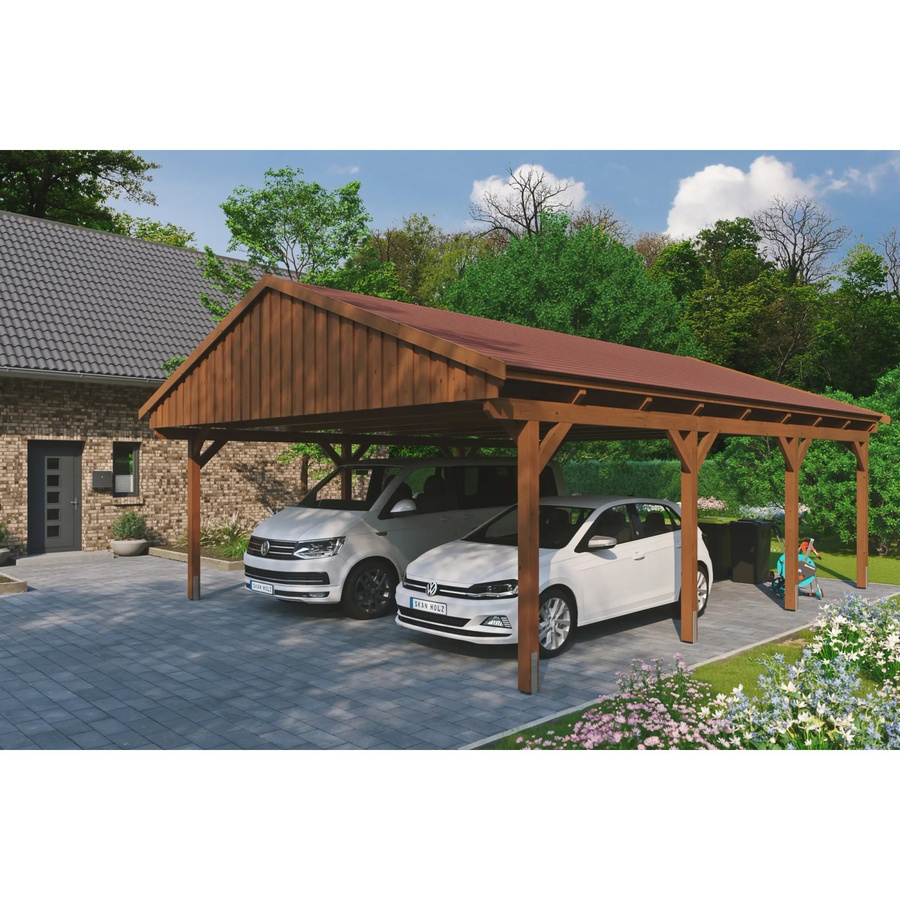 Skan Holz Carport Fichtelberg aus Fichte und Leimholz in Nussbaum Braun mit spitzer Dachform und Dachschindeln, B/T: 618 x 808 cm, Höhe: 362 cm - Bild 2