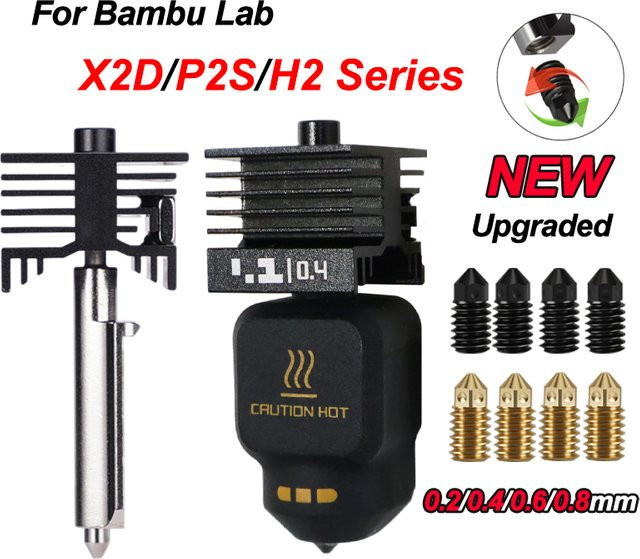 Bambu Lab P2S Verbessertes Hotend aus gehärtetem Stahl mit austauschbaren Düsen 0,2 mm, 0,4 mm, 0,6 mm und 0,8 mm für deinen 3D-Drucker - Bild 1